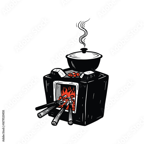 Handdrawn illustration of a woodburning stove with a pot perfect for cooking blogs rustic kitchens and vintage home decor websites
