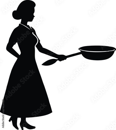 Silhouette of a woman in a dress holding a frying pan