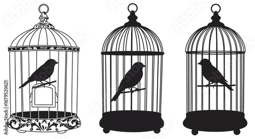 Three vintage black and white silhouette illustrations of ornate birdcages with birds perched inside
