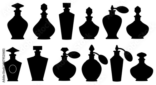Collection of elegant vintage perfume bottles and atomizers displayed in silhouette against a white background