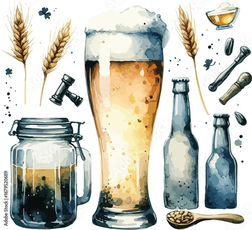 Watercolor Illustration of Craft Beer with Glass Jar Bottles and Barley Stalks for Brewing Enthusiasts and Homebrewers