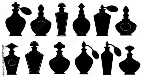 Collection of elegant vintage perfume bottles in silhouette against a white background offering a classic aesthetic