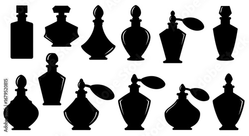 Collection of elegant vintage perfume bottles and atomizers displayed as black silhouettes on a white background