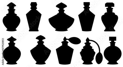 Collection of elegant vintage perfume bottles silhouettes displayed in two rows on a white background