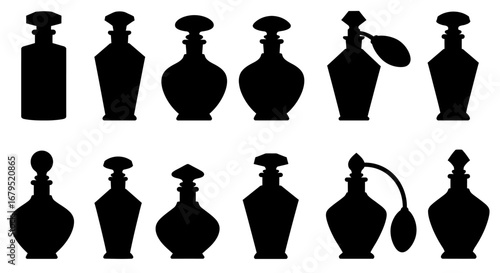Collection of elegant vintage perfume bottles and decanters in silhouette against a white background