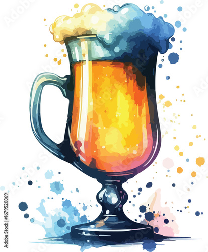 Watercolor Illustration of Golden Beer with Frothy Head in Glass Stein for Brewery and Pub Promotions