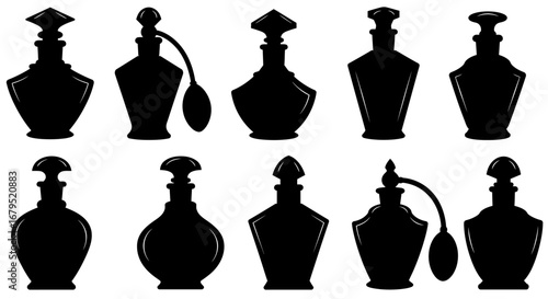 Collection of elegant antique perfume bottles silhouettes displayed in two rows against a white background