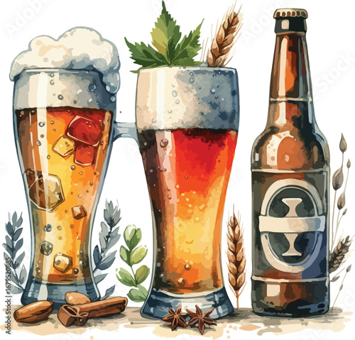 Watercolor Illustration of Fresh Craft Beer in Glasses and Bottle with Wheat and Spices Celebrating Oktoberfest and Brewery Culture