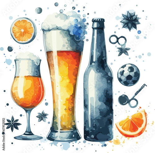 Watercolor Illustration of Refreshing Beer with Citrus and Festive Elements Perfect for Celebrations and Events