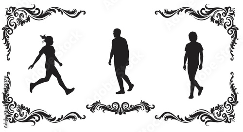 Three silhouettes of people in motion framed by ornate decorative flourishes on a white background