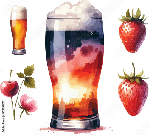 Watercolor Illustration of Summer Cocktails with Strawberries and Cherries on White Background Celebrating Summer Drinks and Refreshments