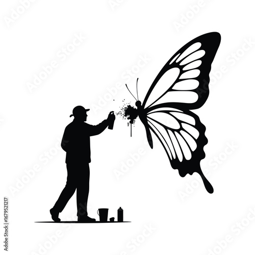 Silhouette of graffiti artist spray painting a large butterfly mural black and white art street art vector illustration