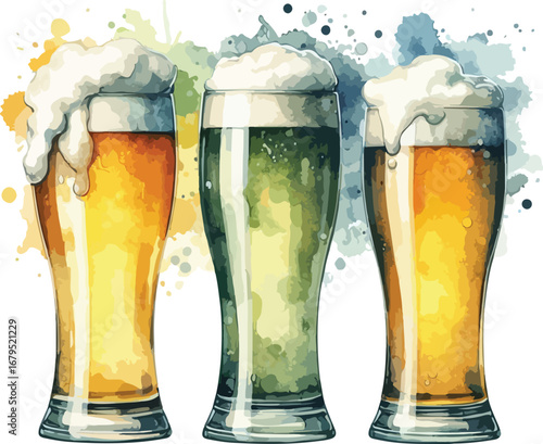 Watercolor Illustration of Three Beer Glasses with Foam showcasing Light and Dark Craft Brews Refreshing Beverage Concept for Bar or Celebration Themes