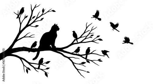 Silhouette of a black cat perched on a tree branch watching birds fly away against a white background