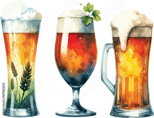 Watercolor Illustration of Three Beer Glasses with Frothy Beer and Artistic Details Perfect for Celebrating Craft Beverages