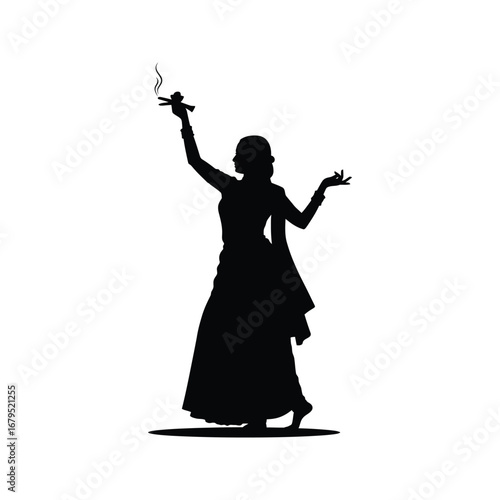 Silhouette of Indian woman performing traditional dance holding incense stick cultural art vector illustration