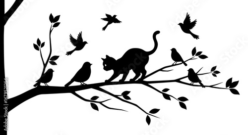 Silhouette of a curious black cat perched on a tree branch surrounded by flying and perched birds