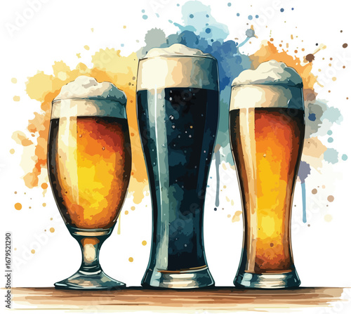 Watercolor Illustration of Three Beer Glasses with Various Beer Colors Perfect for Craft Beer Promotion and Brewery Design
