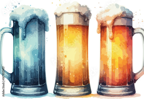 Watercolor Illustration of Three Beer Mugs with Frothy Beer and Different Colors for Oktoberfest or Summer Celebrations