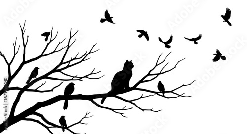 Silhouette of a solitary black cat perched on a bare tree branch surrounded by a flock of flying birds