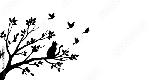 Silhouette of a black cat perched on a tree branch with birds flying around it against a white background
