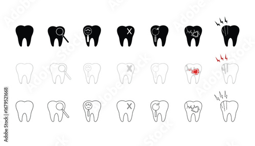 Vector dental icons: tooth decay, tooth and magnifying glass, cracked tooth, dental checkup, repair, oral health care. Dental care icons collection featuring teeth.