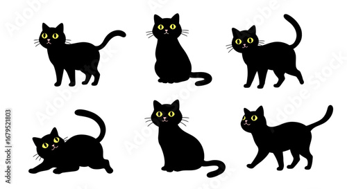 Six stylized black cats with big yellow eyes in various poses against a white background