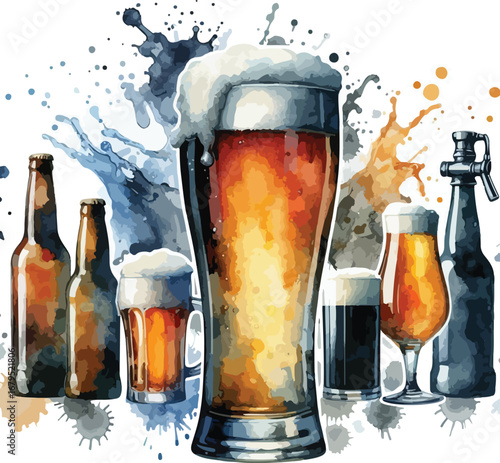 Watercolor Illustration of Various Beer Glasses and Bottles with Colorful Splashes a Celebration of Craft Beer Culture
