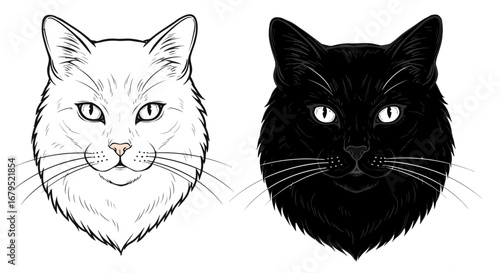 Striking black and white sketch portraits of two contrasting cat faces side by side