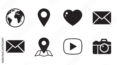 a collection of black and white icons representing a globe, map pin, heart, envelope, envelope, map pin, play button, camera
