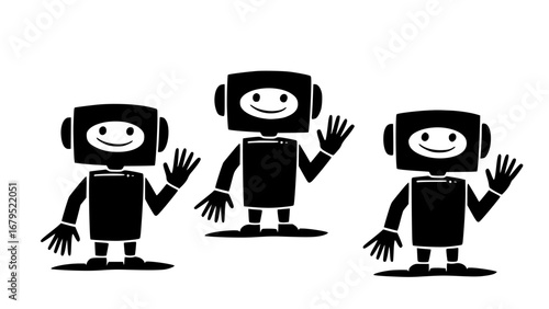 Three adorable, simplistic black and white cartoon robots standing in a row, each cheerfully waving with a friendly smile, embodying digital communication and artificial intelligence