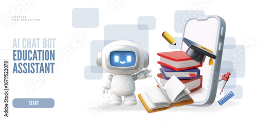 AI Chat bot service for education 3D vector landing page design, Chatbot robot study assistance in smartphone