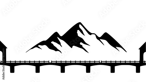 Elegant minimalist silhouette of a majestic mountain range behind a classic arched bridge, symbolizing strength, connection, and the journey through serene natural landscapes