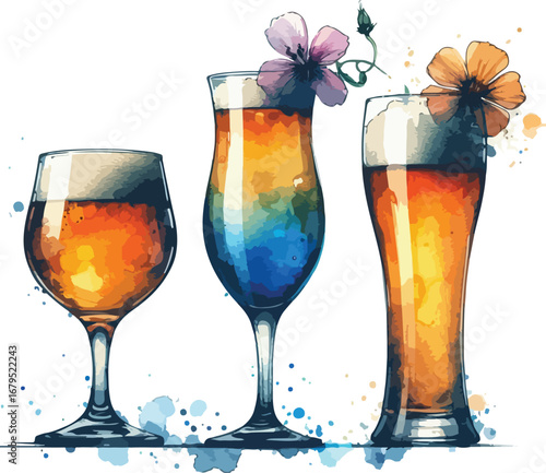 Watercolor painting of three colorful cocktails adorned with delicate flowers evoking a refreshing and artistic ambiance perfect for summer gatherings