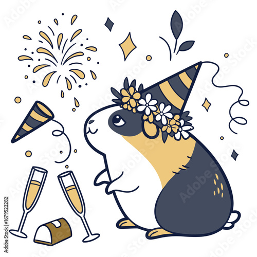 An adorable Guinea pig with a Bashful vibe, with a flower crown, and a Midnight Sparkle New Year celebration theme – SVG style