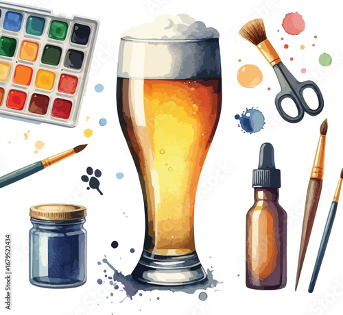 Watercolor still life illustration featuring beer glass watercolor paints brushes dropper bottle scissors art supplies and creative elements artistic concept