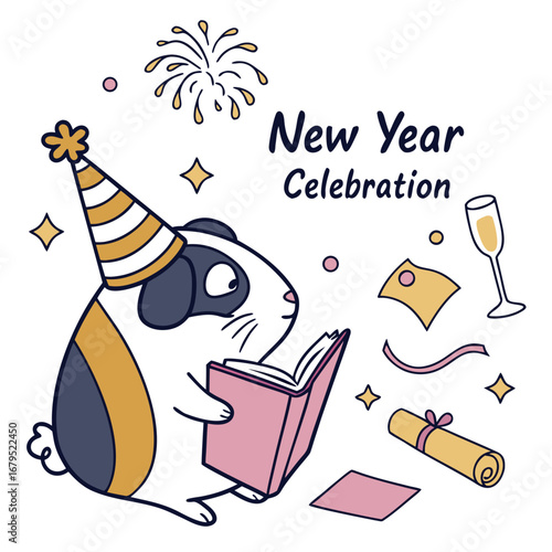 Bashful expression on a Guinea pig in a New Year celebration theme, with reading a book – Midnight Sparkle vector art
