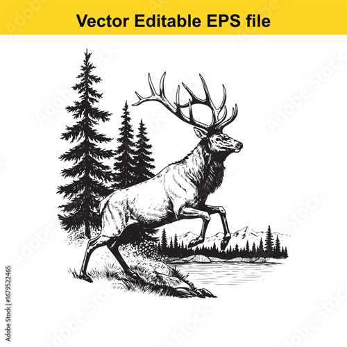 An elk majestic stag running through a forest with mountains and water