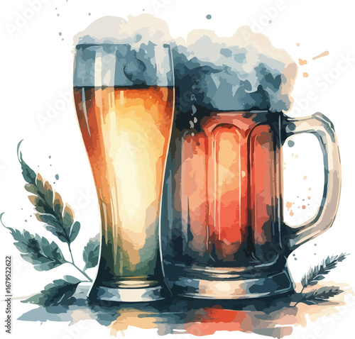 Watercolor Style Beer Illustration Featuring Two Different Types of Beers and Barley Decor Elements in a White Background