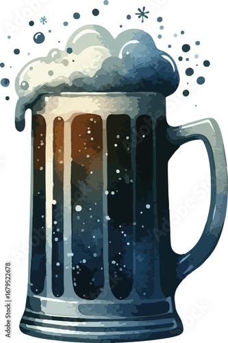 Watercolor Style Beer Mug Illustration with Frothy Head and Detailed Bubbles Ideal for Festive Occasions and Drink Related Content