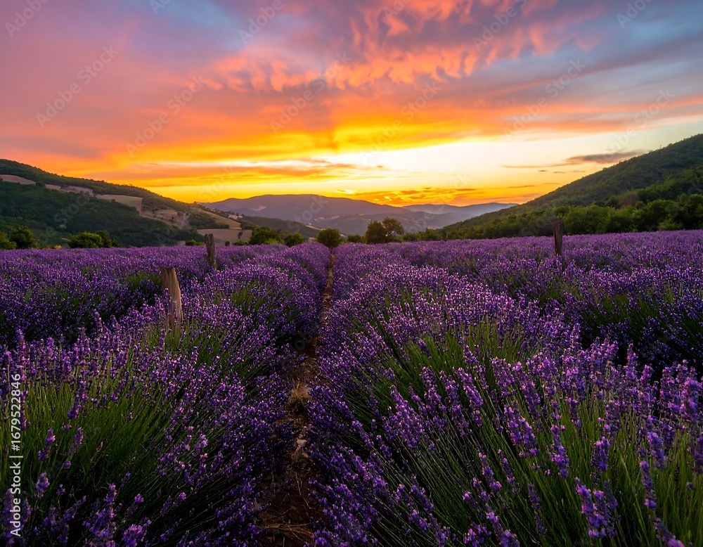 Naklejka premium Lavender field at sunset