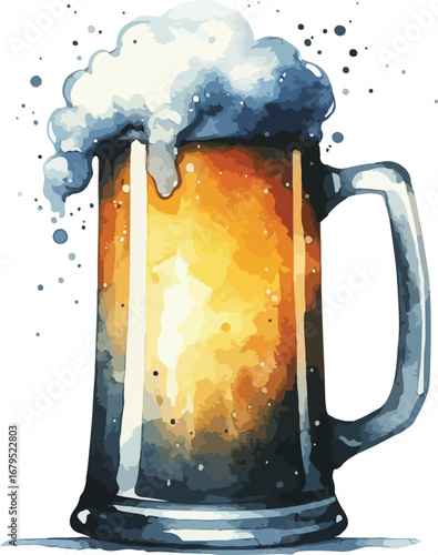 Watercolor Style Beer Mug with Frothy Head Fresh Brew Illustration for Drink Advertising and Bar Menus Alcohol Concept