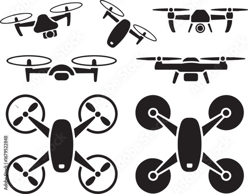 Drone Vector Graphics Aerial Vehicle Silhouettes for Technology Illustrations