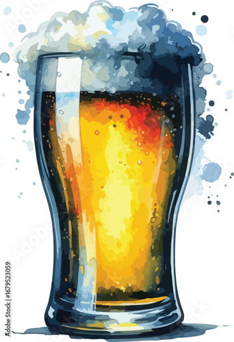 Watercolor Style Illustration of a Pint of Beer with Frothy Head Ready to Drink and Enjoy