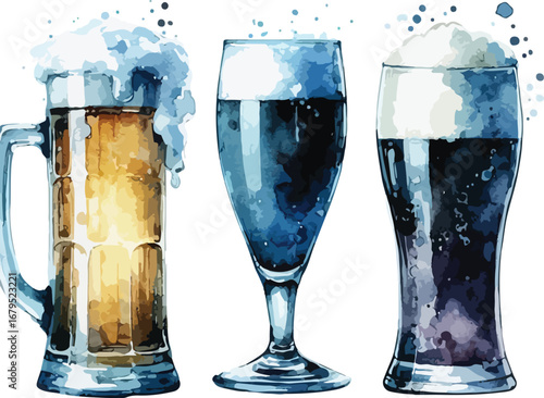 Watercolor Style Illustration of Three Different Types of Beer in Glasses on a White Background Perfect for Brewery or Restaurant