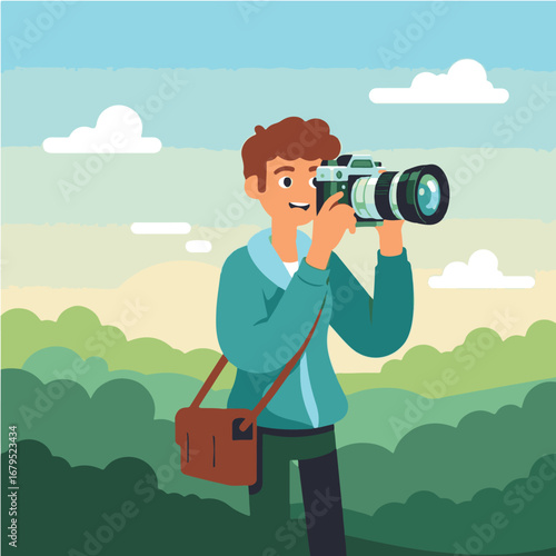 A young man is holding a camera and taking a picture in a natural landscape with trees and a cloudy sky.