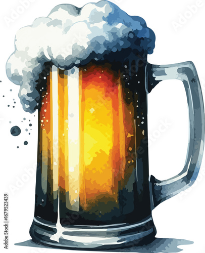 A Delicious Mug of Beer with Frothy Head Watercolor Illustration for Oktoberfest and Craft Beer Enthusiasts