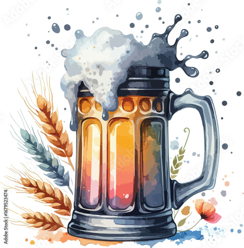 A Refreshing Pint of Beer Illustration with Frothy Head and Watercolor Effects for Festive Occasions and Celebrations