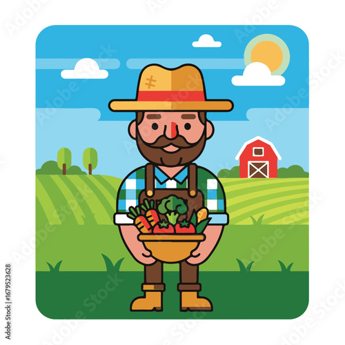 Cartoon farmer in overalls and hat holding a bowl of fresh vegetables in a field with a barn and sunny sky.