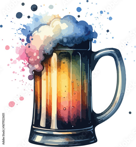 Artistic Beer Mug Illustration with Colorful Foam and Watercolor Splash Effects on White Background Perfect for Celebrations and Beverage Related Designs